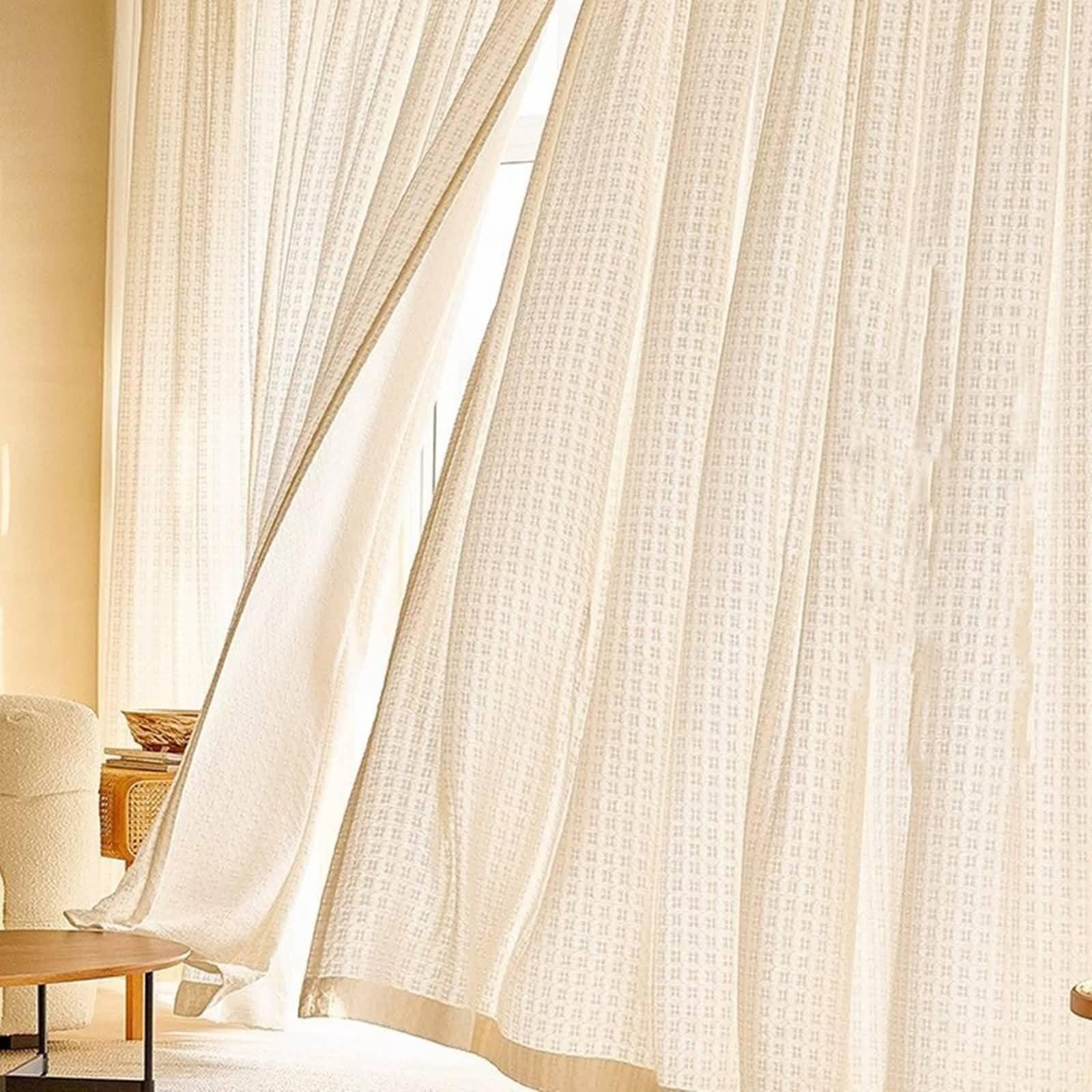 Rideau Fenêtre Semi Transparent 132x160, Rideaux Voilage pour Chambre Polyester Aspect Lin Gaufré Tissé, avec Crochet, Lot de 2