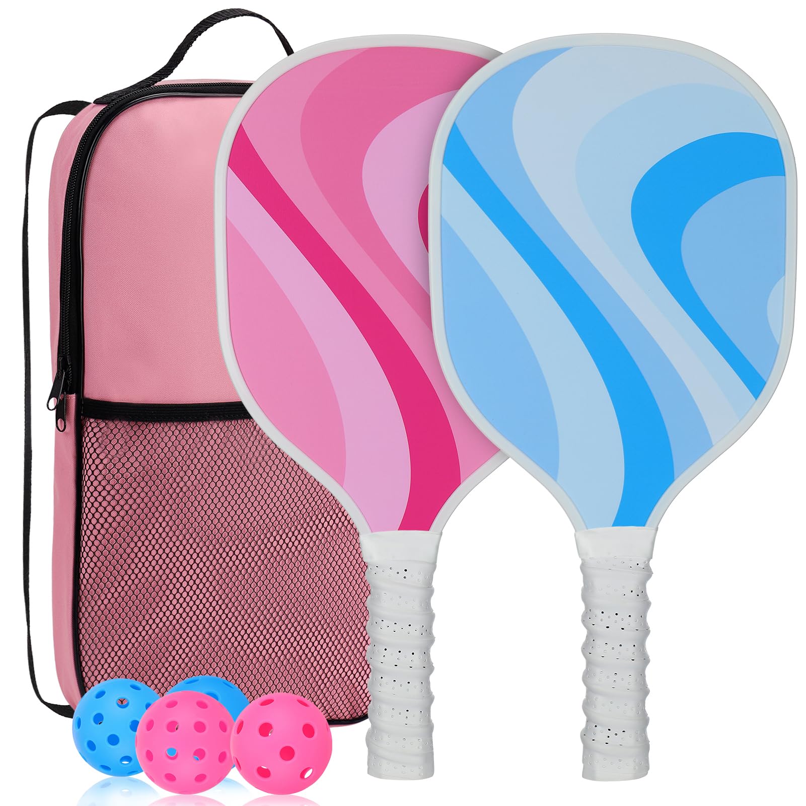 Cute Pickleball Set of 2 Paddles - Pink & Blue Lightweight Pickleball Rackets with 2 Indoor and 2 Outdoor Balls, 1 Portable Bag, for Beginner Youth
