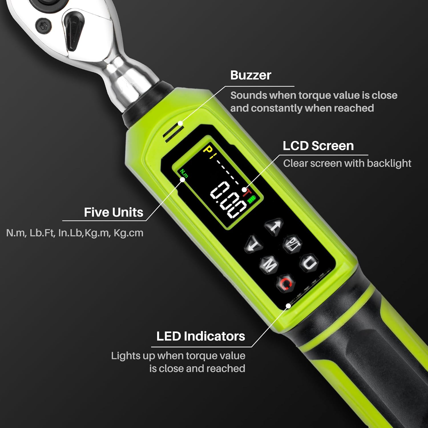 Digital Torque Wrench 1/4" Drive-4-266 In.Lb/0.45-30 N.m, Electric Torque Wrench With Dual Direction Vibration Buzzer LED Indicator,±2% Accuracy Five Units for Bike Motorcycle Car Auto Repair