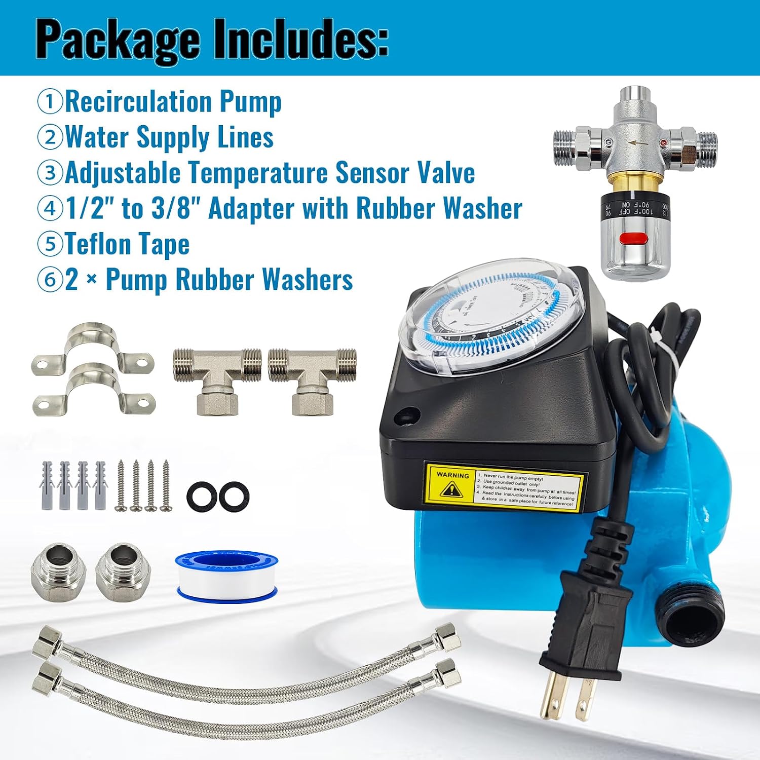 Instant Hot Water Recirculating Pump Kit for Tank Water Heater | Circulator Pump with 304 Stainless Steel Adjustable Bypass Valve 115V 60Hz Replace # FL-AHRP115V01