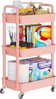 Laiensia 3-Tier Rolling Cart with Wheels,Multifunction Utility Storage carts, Kitchen Storage Organizer,Mobile Shelving Unit for Bathroom,Laundry,with Classified Stickers,Pink