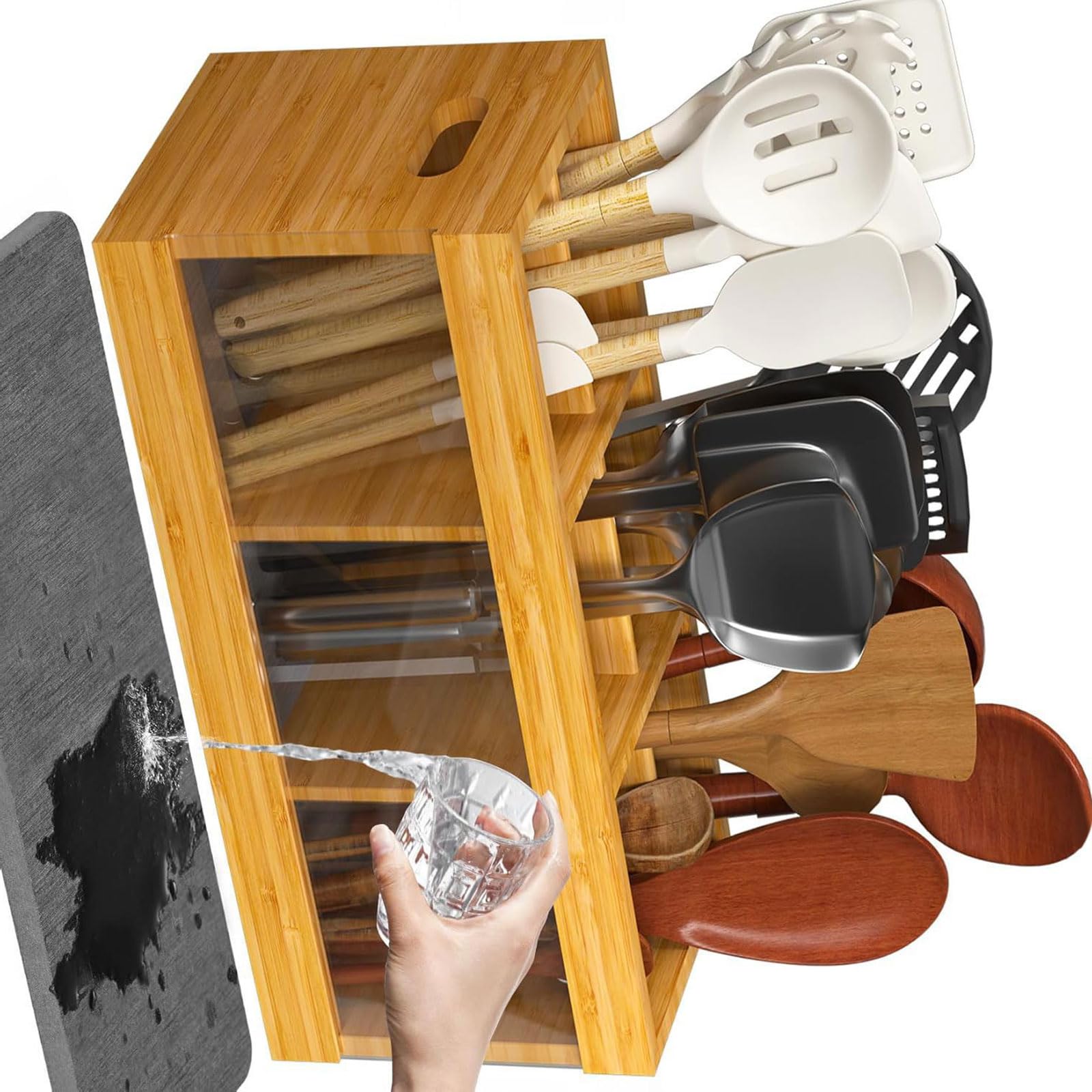 HDOYTXXM Multipurpose Kitchen Storage Unit Constructed From Natural Wood with Customizable Sections and Built in Drying Feature Cooking Tool Stand Wooden Drying Stone Kitchen Accessory