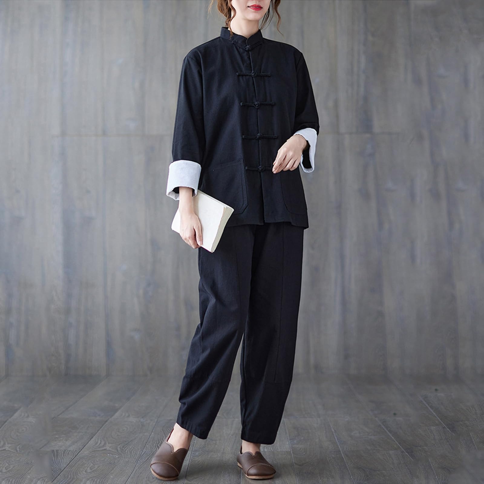 Uniforme Tradizionale Tai Chi per Abbigliamento da Donna In Cotone a Maniche Lunghe per Set di Arti Marziali Kung Fu,Black-XL