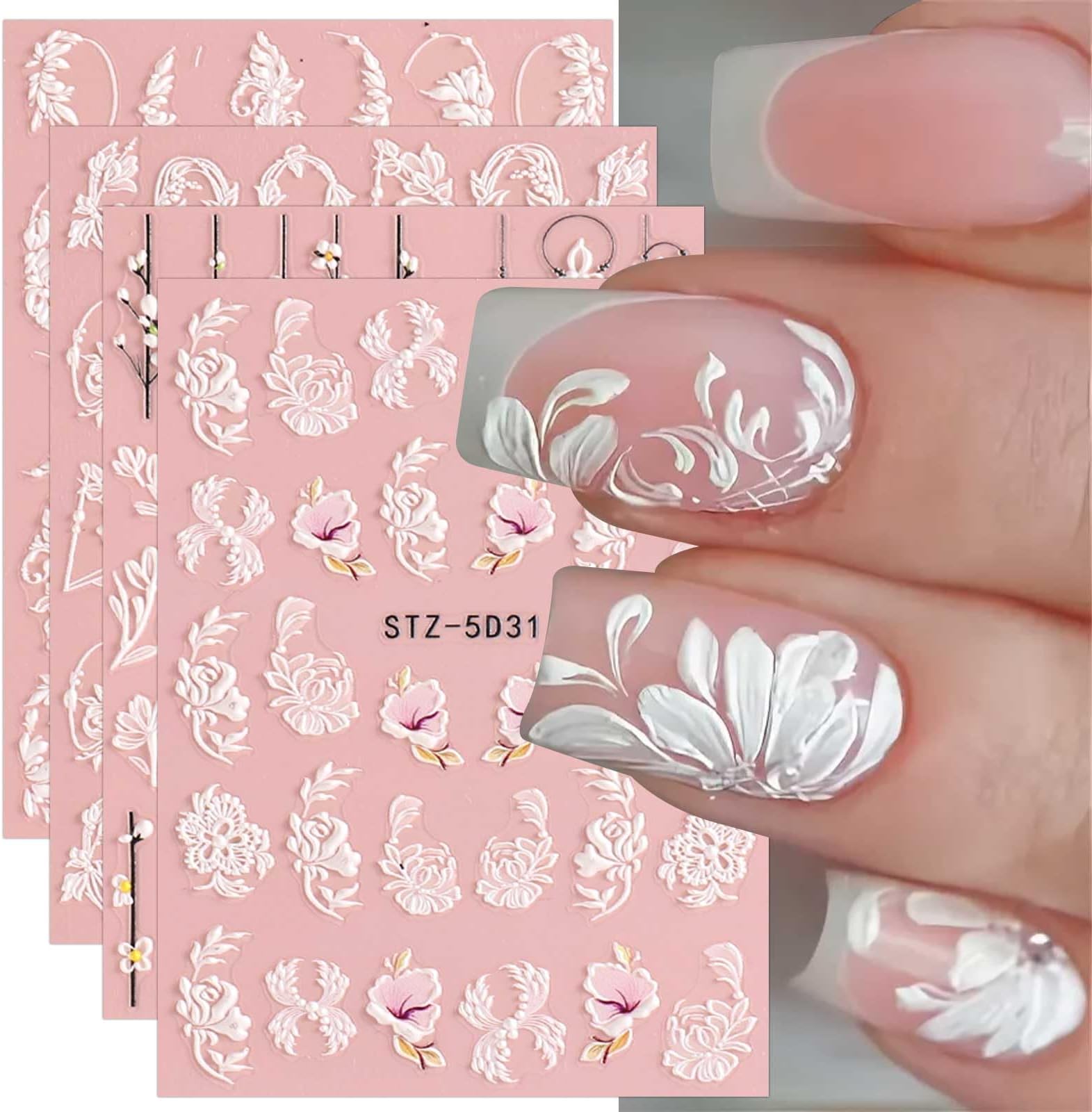 5D Spring Embossed Flower Nail Art Stickers 4 Sheets JMEOWIO Real Self-Adhesive Decals Floral Design Nail Decoration for Women Girls