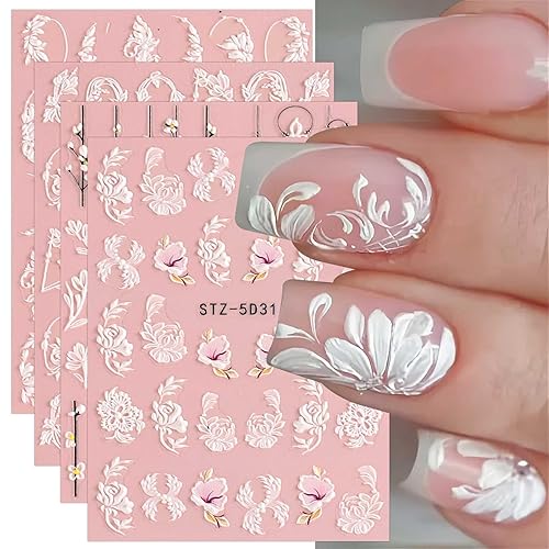 5D Spring Embossed Flower Nail Art Stickers 4 Sheets JMEOWIO