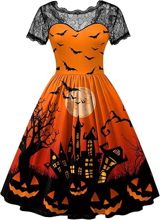 Women Halloween Party Costume Vintage Swing Lace Short Sleeve Witch Dress