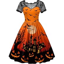 ALIREVERIE Women Halloween Party Costume Vintage Swing Lace Short Sleeve Witch Dress