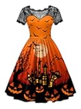 Women Halloween Party Costume Vintage Swing Lace Short Sleeve Witch Dress