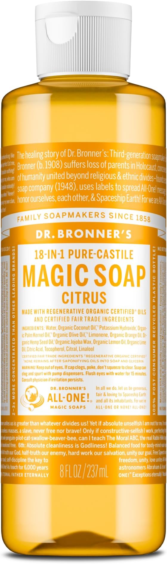 Dr. Bronner's Pure-Castile Magic Soap Liquid (Citrus, 8 Ounce) - Made with Regenerative Organic Certified Oils, 18-in-1 Uses: Face, Body, Hair, Laundry, Pets and Dishes, Concentrated, Vegan, Non-GMO