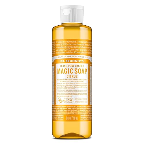 Dr. Bronner's - Jabón líquido de Castilla puro (Cítrico, 8 onzas) - Hecho con aceites orgánicos, 18 en 1. Usos: Cara, cuerpo, cabello, lavandería,