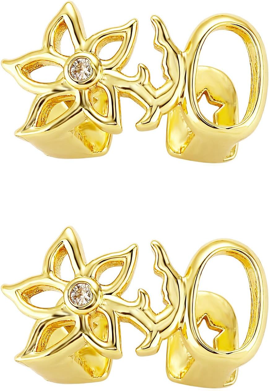 2Pcs 14K Gold Plated Hip Hop Grillz Set Double Tooth Cap Hollow Flower Moon Teeth Grills for Your Teeth Grillz for Men Women Rapper Halloween Costume