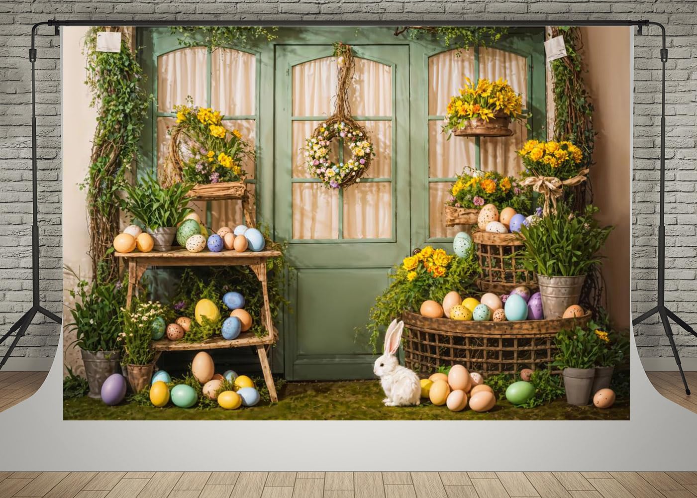 Kate 7x5ft Easter Day Garden Decor Photography Backdrops Colorful Eggs Spring Fresh Flowers Cute White Bunny Photo Background