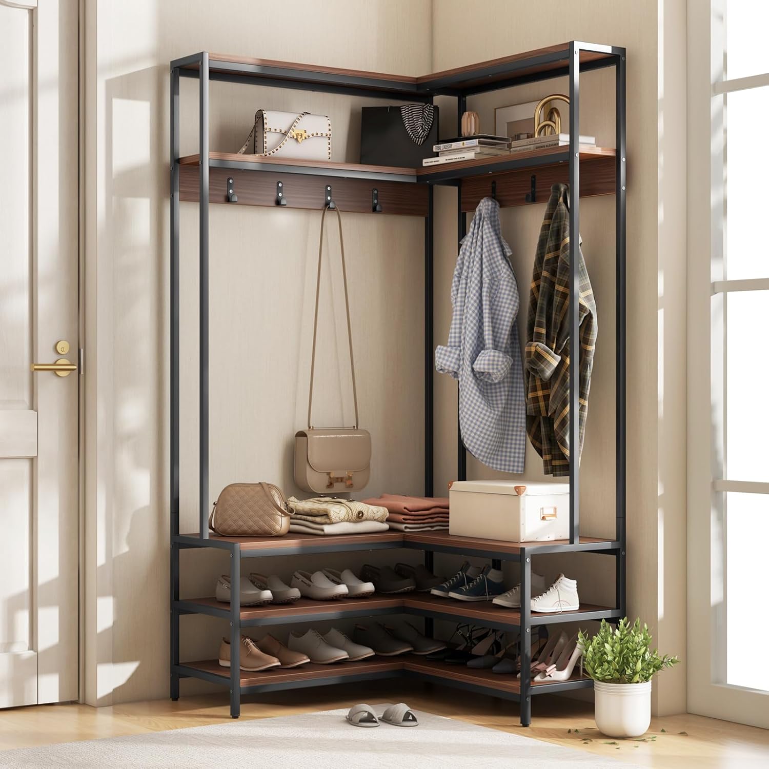 Corner Hall Tree, L-shaped Clothing Rack with Hooks, Shelves, Shoe Bench & Shoe Racks, Freestanding Clothes Stand Entryway Display Shelving Unit for Hallway Bedroom (Walnut+Black)