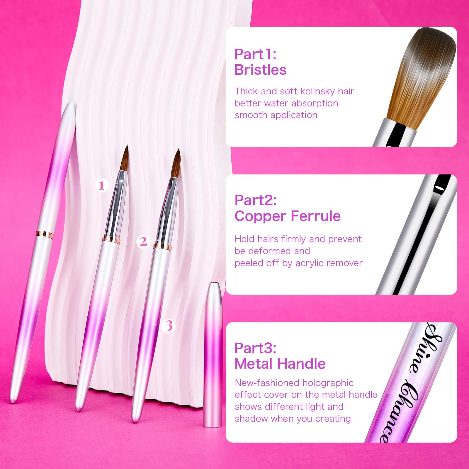 Kolinsky - Juego de 4 pinceles acrílicos para uñas, diseño artístico y pulido de errores, herramientas de manicura para mujer, aplicación acrílica (tamaño 6, 8, 12, 14)