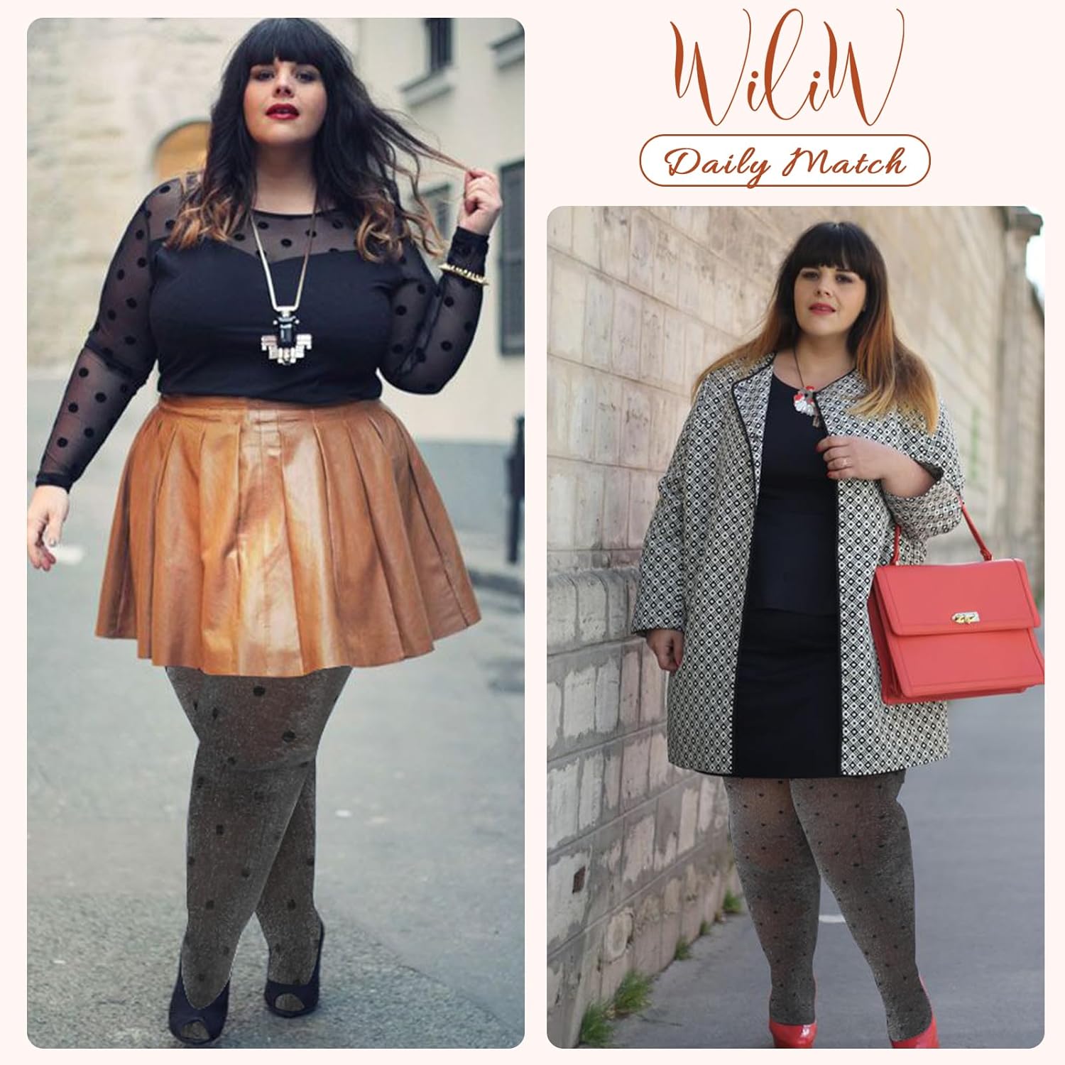 WiliW Polka Dot Plus Size Tights for Women Shimmer Patterned High Waist Tights 40D Shiny Sheer Black Pantyhose - Image 5