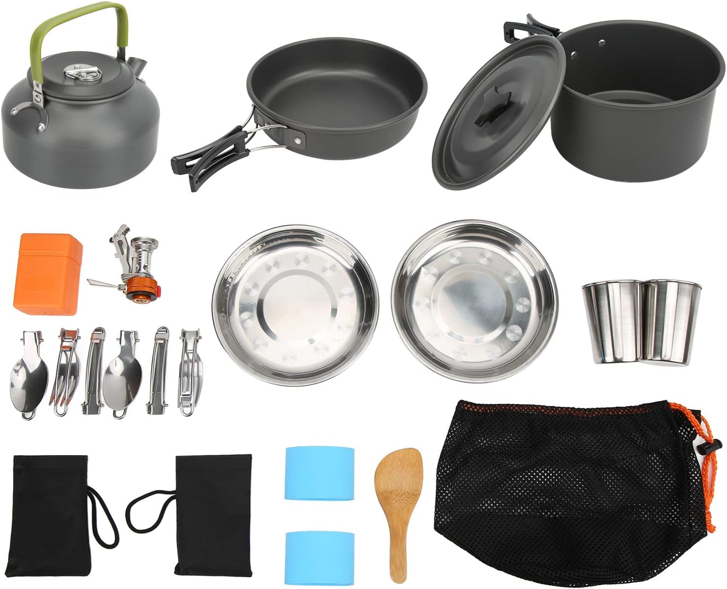 Camping Cookware Mess Kit with Lightweight Pot Stove Spork and Carry Mesh Bag for Backpacking Outdoor Camping Hiking