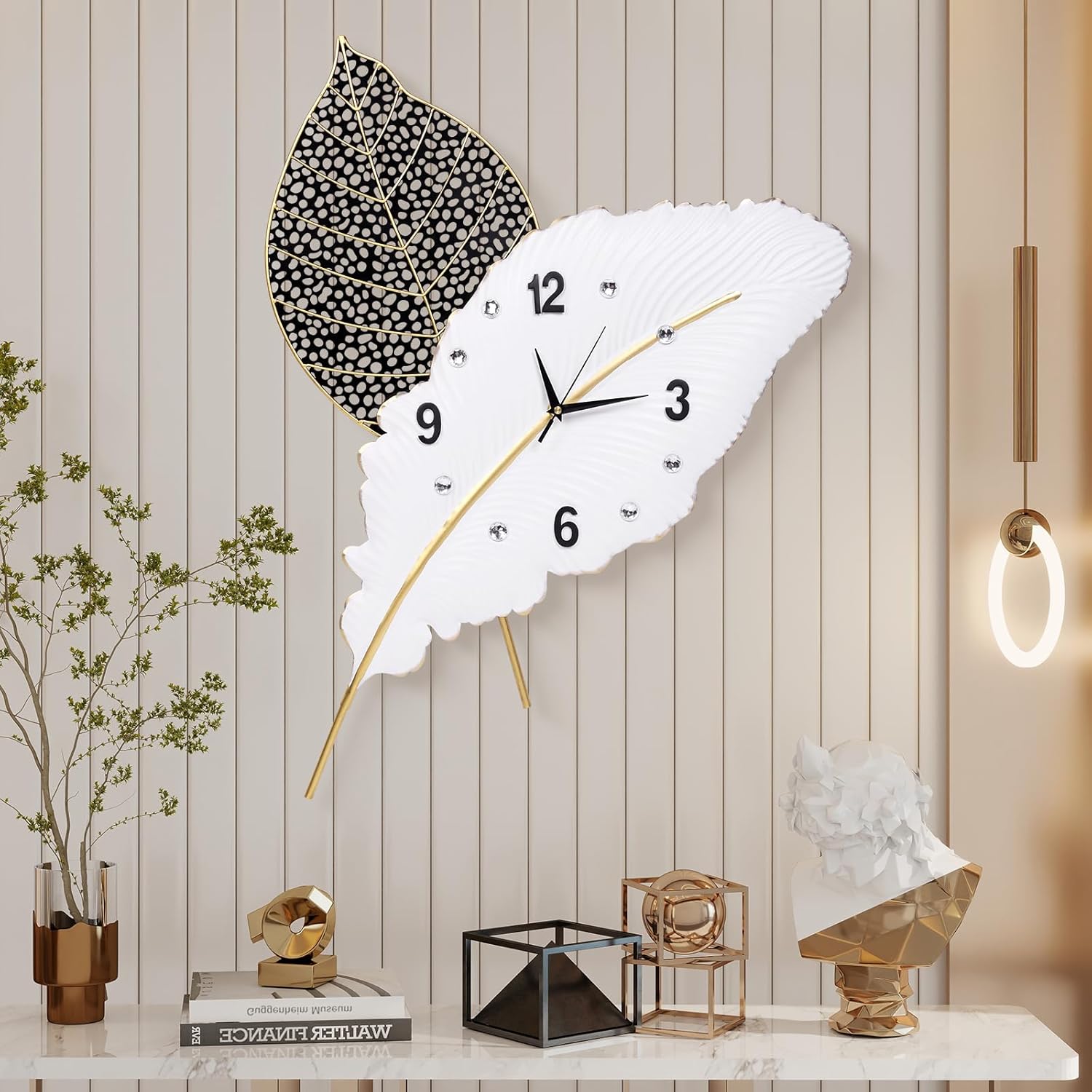 Reloj de pared moderno con plumas, grande para decoración de sala de estar, reloj de pared decorativo, reloj de pared en blanco y negro, adecuado