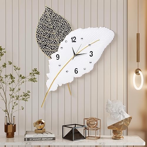 Reloj de pared moderno con plumas, grande para decoración de sala de estar, reloj de pared decorativo, reloj de pared en blanco y negro, adecuado