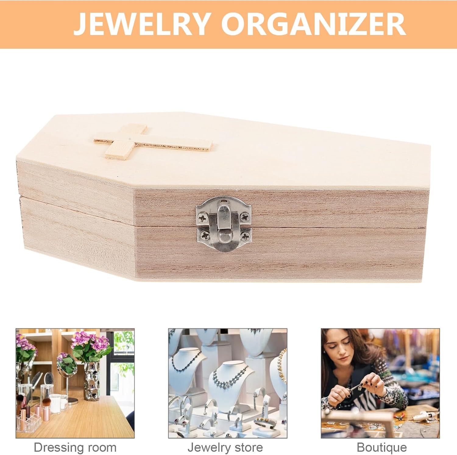 2pcs Halloween Coffin Box Pet Urn and Jewelry Organizer Small Wooden Coffin with Cross Decoration Suitable for Memorial and Home Décor image 3