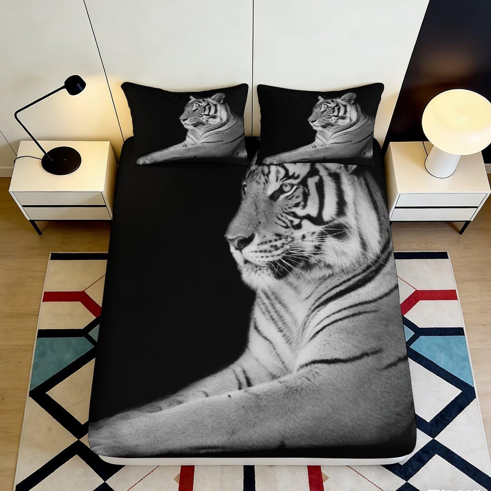 Pnayamiorkfel Style-5 3D Printed Tiger Black Fitted Sheet Microfiber Soft Bed Cover White Tiger Mattress Cover For Bedroom Guest Room Decor 90X200x25cm