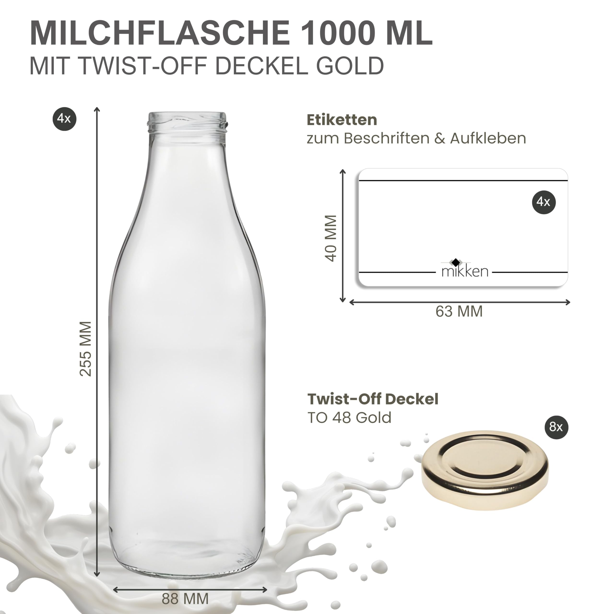 4 bottiglie di vetro da 1000 ml, con 8 coperchi dorati, con etichette incluse