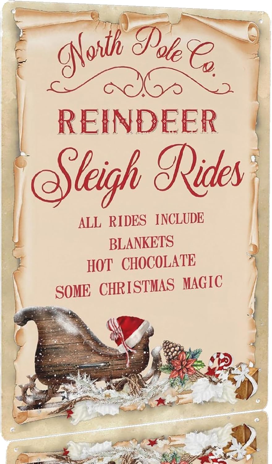 peiyeety North Pole Reindeer Sleigh Rides Metal Tin Sign Vintage Christmas Sleigh Rides Sign Farmhouse Reindeer Christmas Wall Decor Sign 8 x 12 Inch