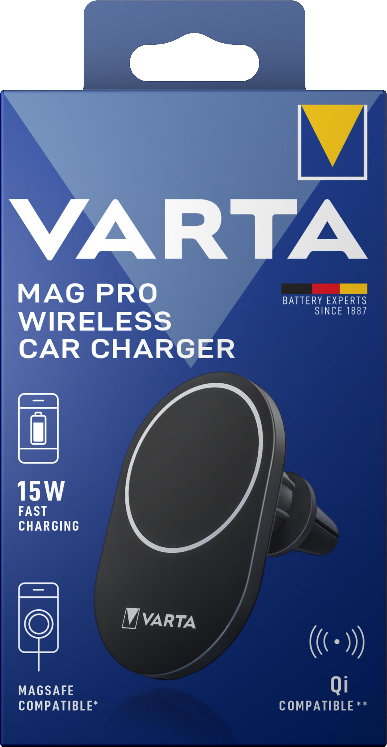 VARTA Mag Pro Wireless Car Charger & Mobile Phone Holder, 15 W, Magnetic Smartphone Holder with Charging Function, MagSafe Compatible, Qi Compatible, Car Mount with USB Type-C Cable, Black