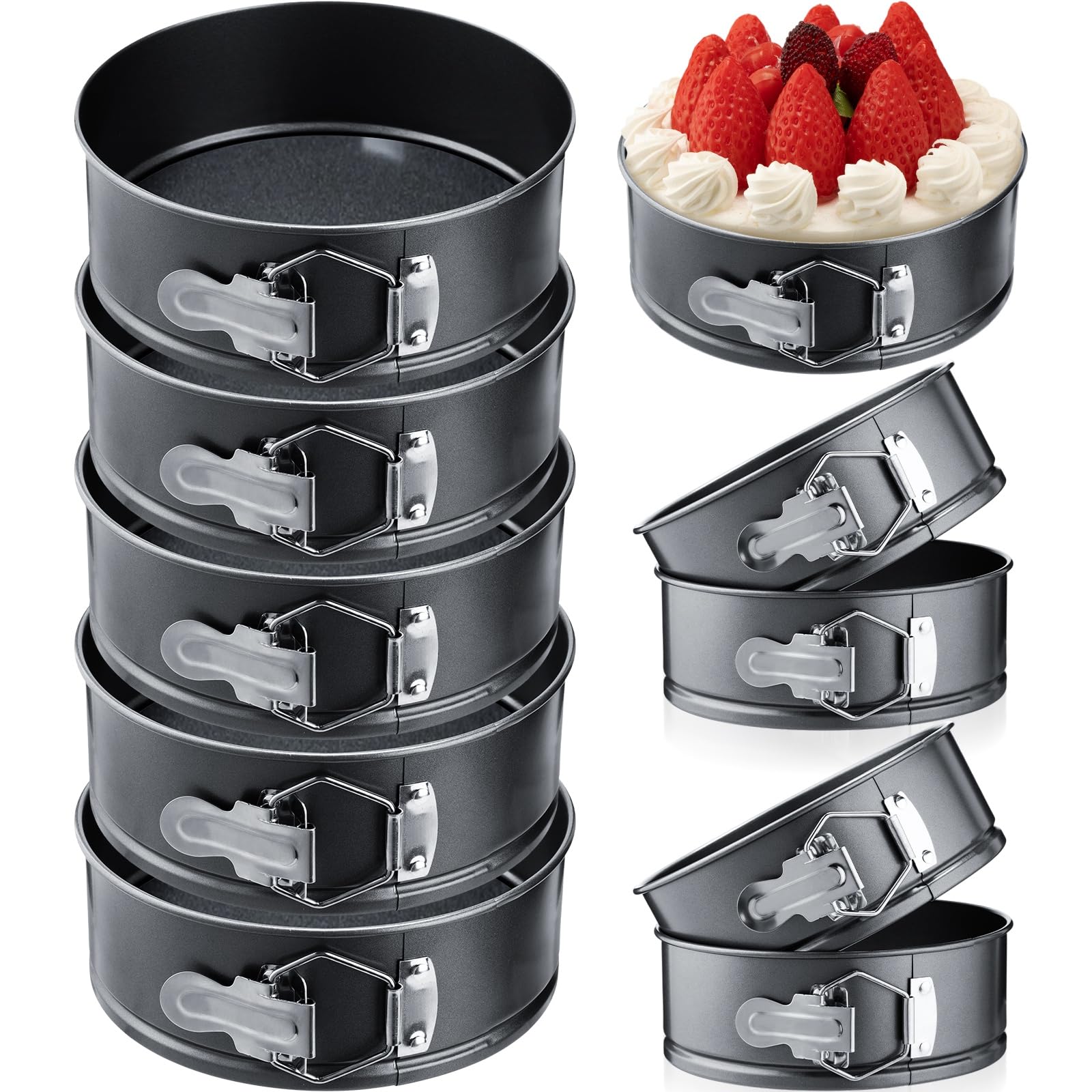 Sunnyray Juego de 16 mini moldes de resorte – Mini moldes para tartas de queso a prueba de fugas, molde redondo antiadherente de acero al carbono con parte inferior extraíble para hornear pasteles de