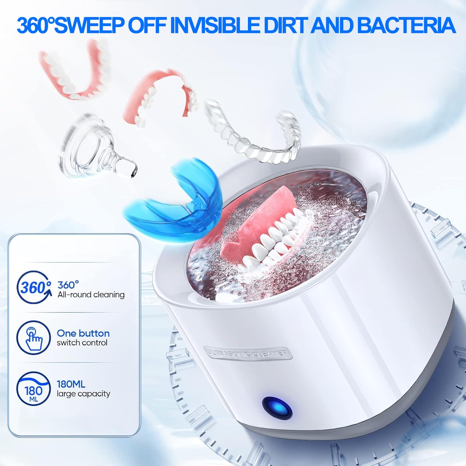 Nettoyeur à ultrasons pour prothèses dentaires, 43000Hz Nettoyeurs ultrasoniques 2 modes de temps 360° nettoyage en profondeur protège-dents, aligneur, têtes de brosse à dents (white)