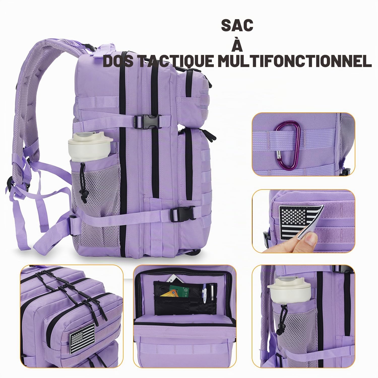 Lovelinks21 Sac à dos tactique 25 L imperméable militaire pour homme et femme Petit sac à dos de voyage Velcro, violet clair, S