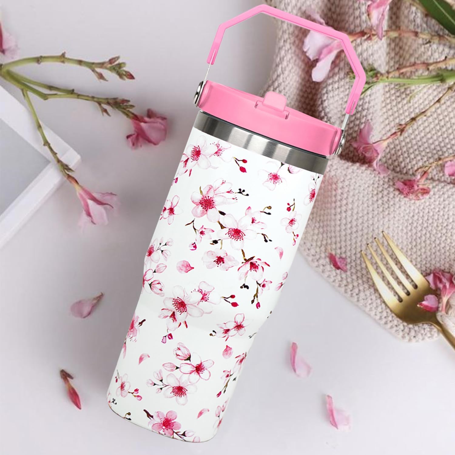 30oz Cherry Blossoms Flip Tumbler with Handle Lid and Straw,Pink Cherry Blossoms Floral Coffee Mug Cup Water Bottles,Cherry Blossoms Gifts for Women,Cherry Blossoms Decor Stuff Accessories