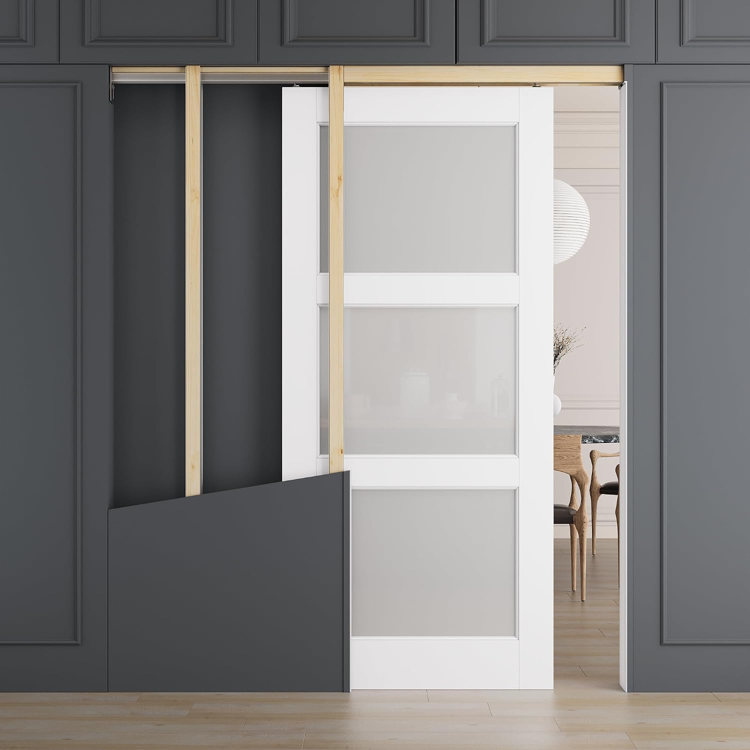 All-Inclusive Soft-Close Sliding Pocket Door 36" x 80" 3-Lite Frosted Glass Sliding Doors with Frame & Hardware Kit, Pocket Interior Doors for Home, White Primed