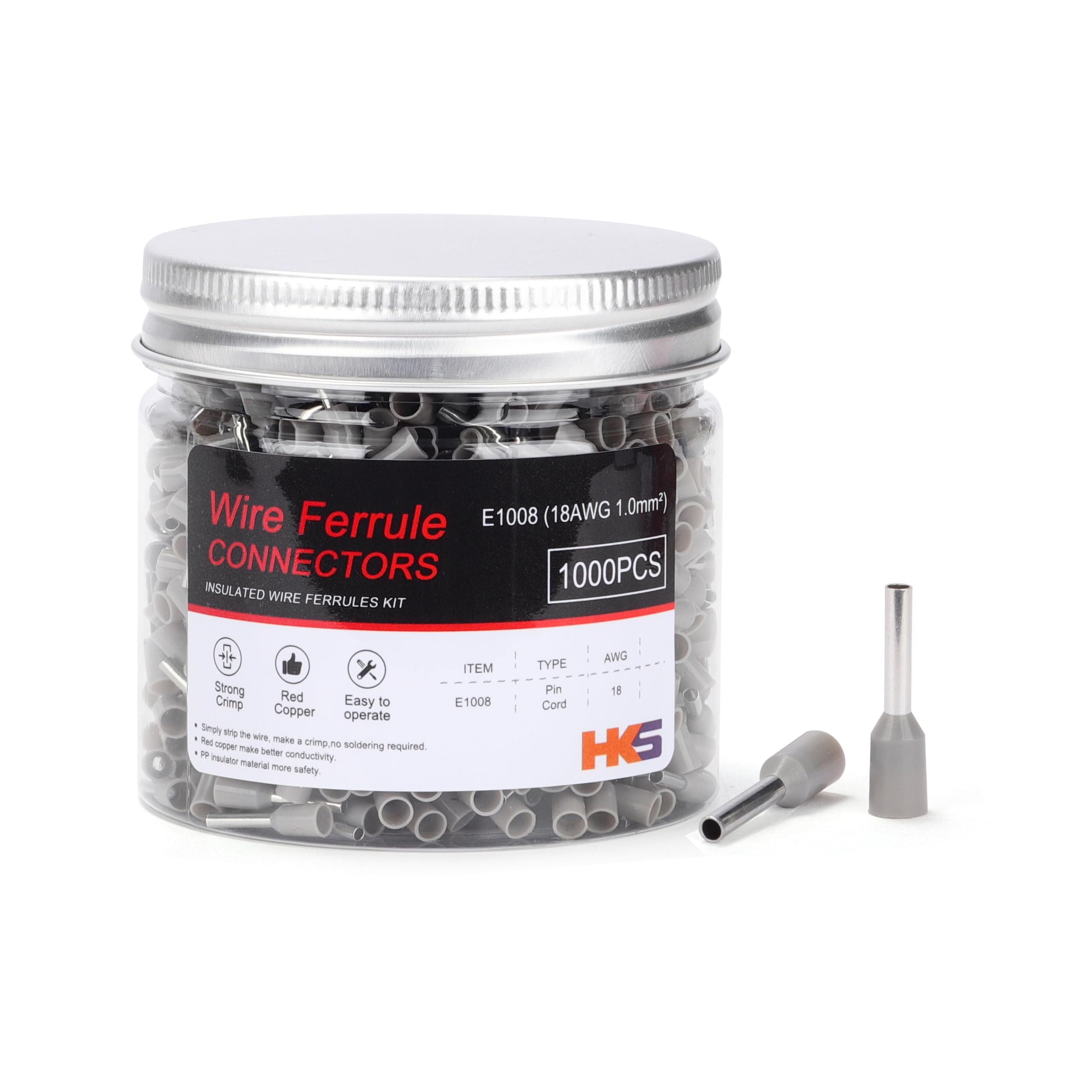 HKS 1000PCS Wire Ferrule Connectors - AWG 18-1.0mm² Copper Barrel Pin Cord Ends Insulated Ferrules Terminals - E1008 Grey