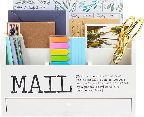 Miniatura 5 de Juvale Organizador de correo de escritorio de madera blanca de 3 niveles con cajón, caja de correo montada en la pared para encimera, oficina,