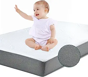BABELIO Premium Memory Foam Crib Mattresses, 2-Stage, with Waterproof Lining & Removable Cover, for Standard Toddler Bed White and Grey