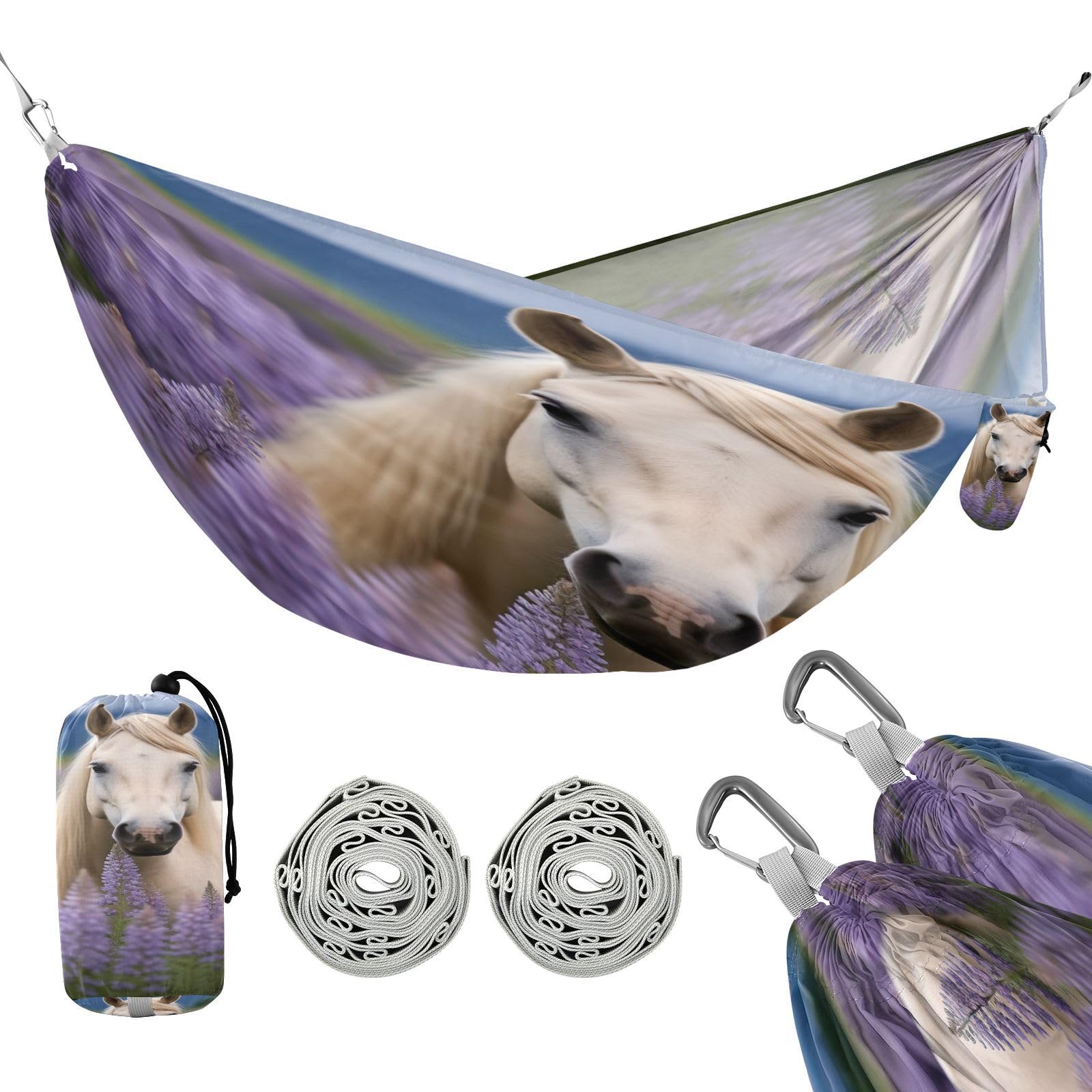 Haskirky White Horse Camping Hammock, Single Portable Hammocks with Tree Straps & Attached Carry Bag, 330Lbs Capacity Perfect for Outside Indoor Hiking Beach Backpack Travel
