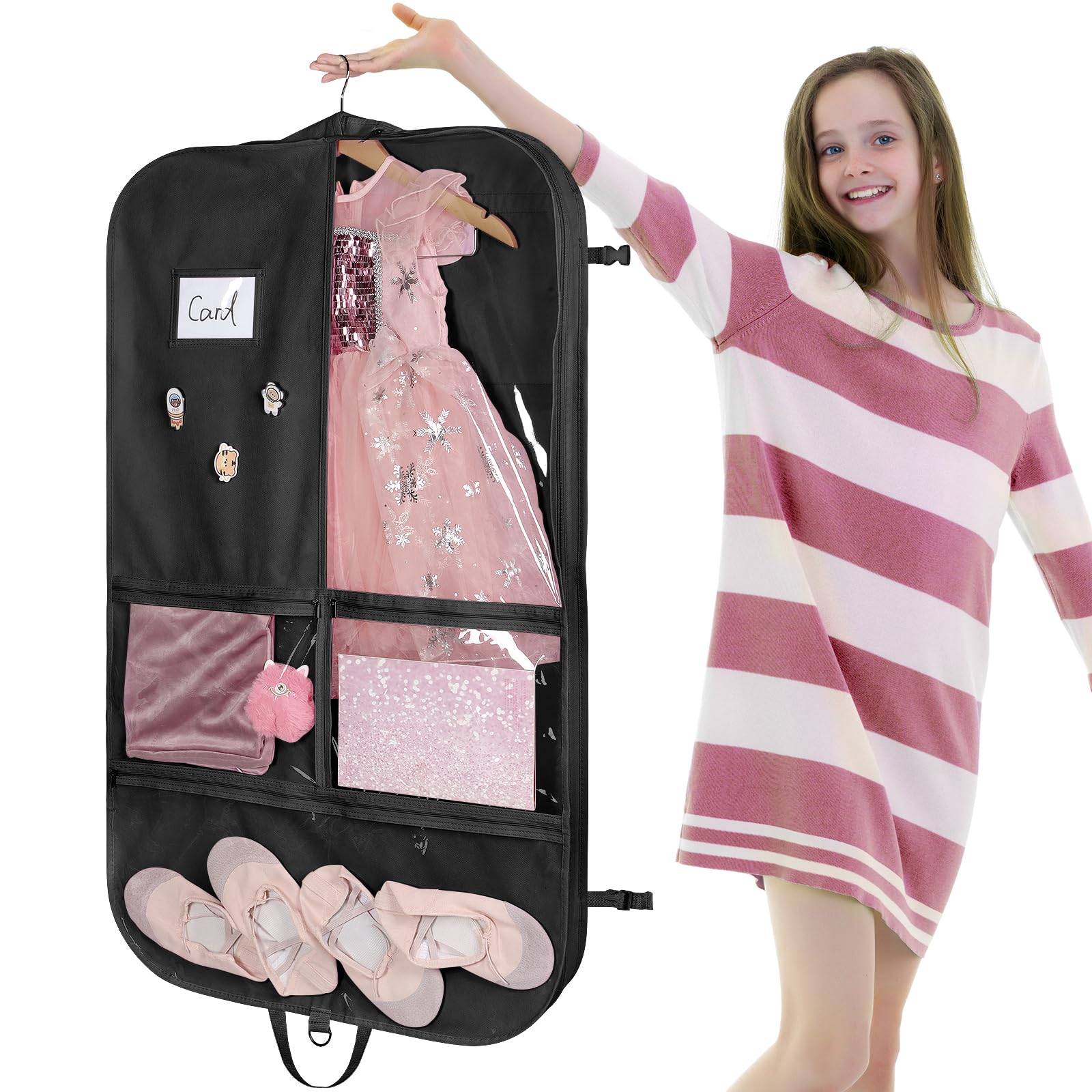 Univivi Bolsas Negras para Disfraz de Baile de 40 Pulgadas, para competiciones de Baile, 3 Bolsillos medianos Transparentes con Cremallera y 2 Bolsillos Traseros con Cremallera, con 1 Colgante, 3