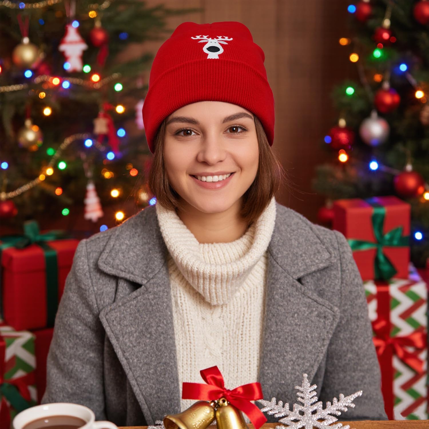 Christmas Beanie Hat Red Knit Skull Cap with White Reindeer Embroidery, Warm Winter Hat Gift for Men Women - Image 4