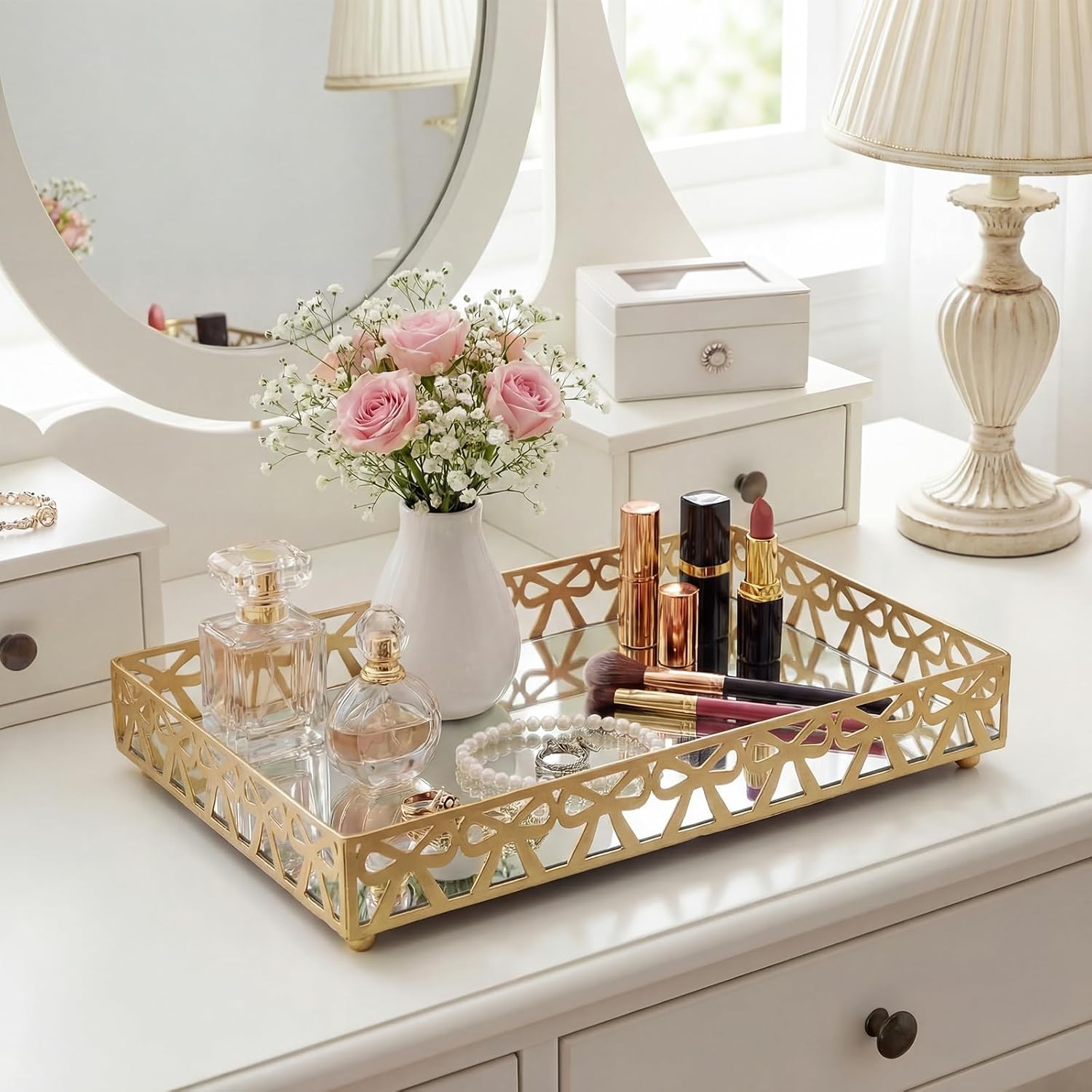 Zhehao Gold Vanity Tray Mirror Bottom Metal Jewelry Organizer Dresser