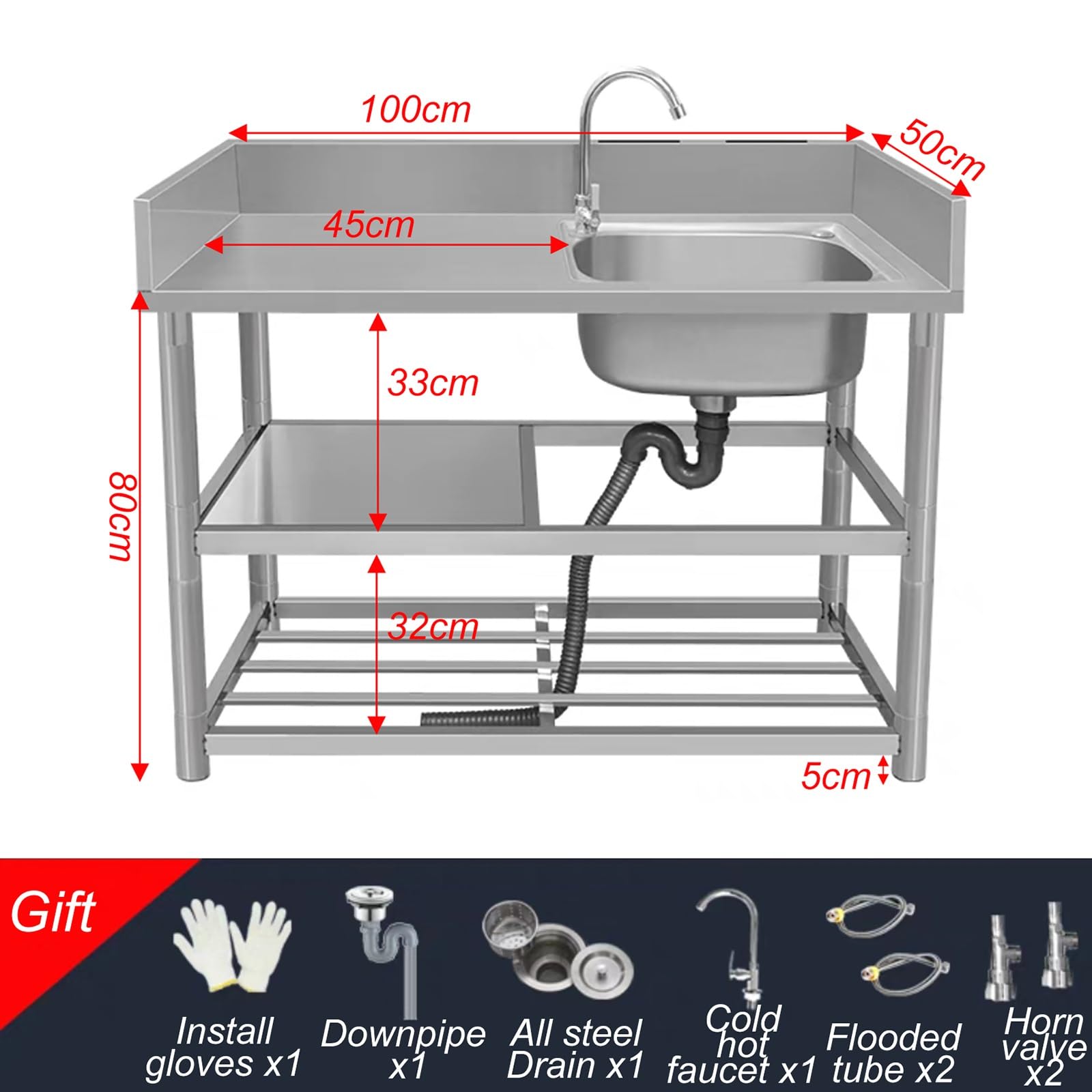 Lavello da Cucina Industriale in Acciaio Inox con Rubinetto e Filtro, Scomparto Singolo, Resistente, Facile da Pulire, Perfetto per ristoranti, Campeggio, Barbecue all'aperto e Gia