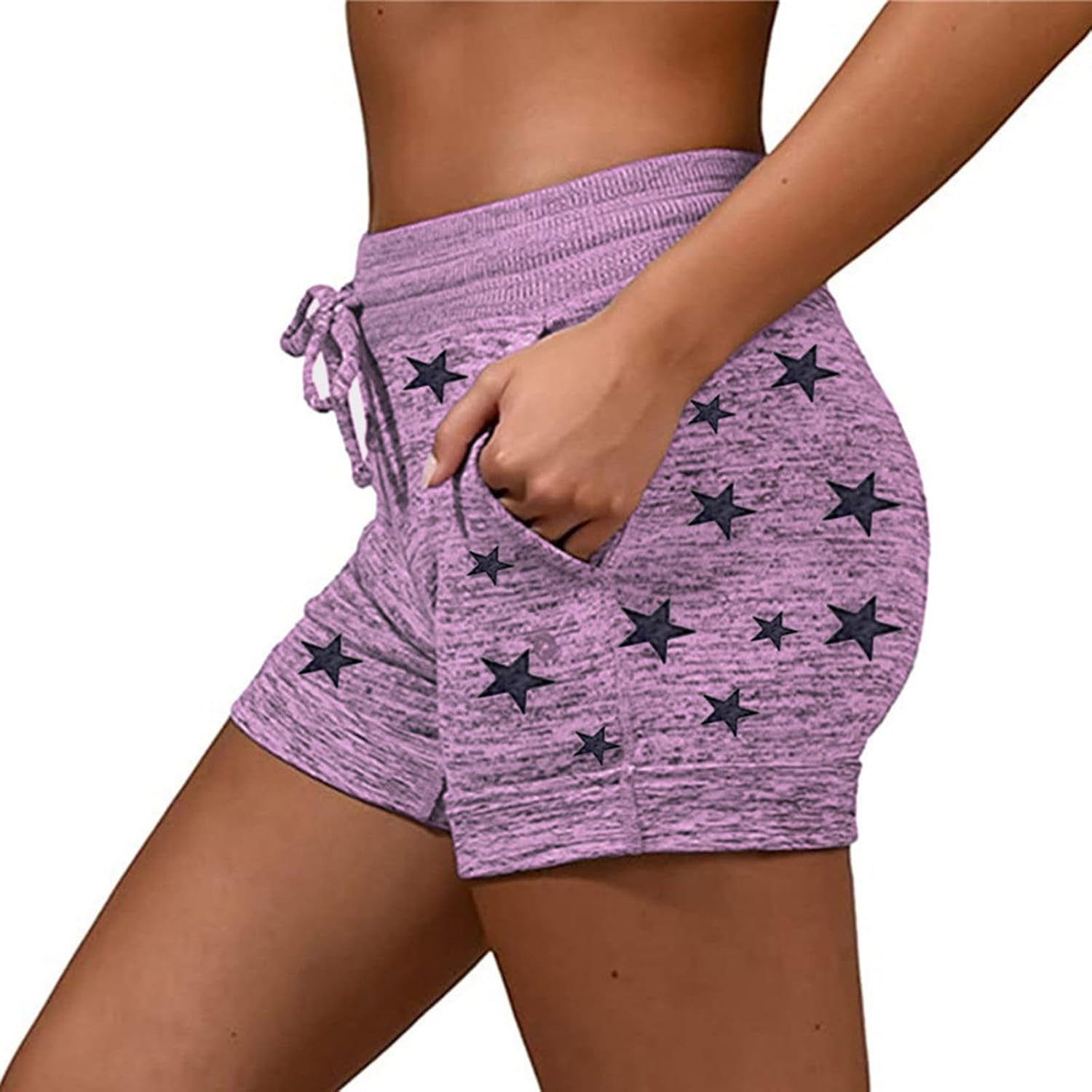 Star Print Running Shorts Women Quick Dry Yoga Fitness Gym Bottoms | Marled Texture Look, Adjustable Front Tie, Ribbed Top Band, Pull On Fit, Soft Daily Training, Weekend Lounging