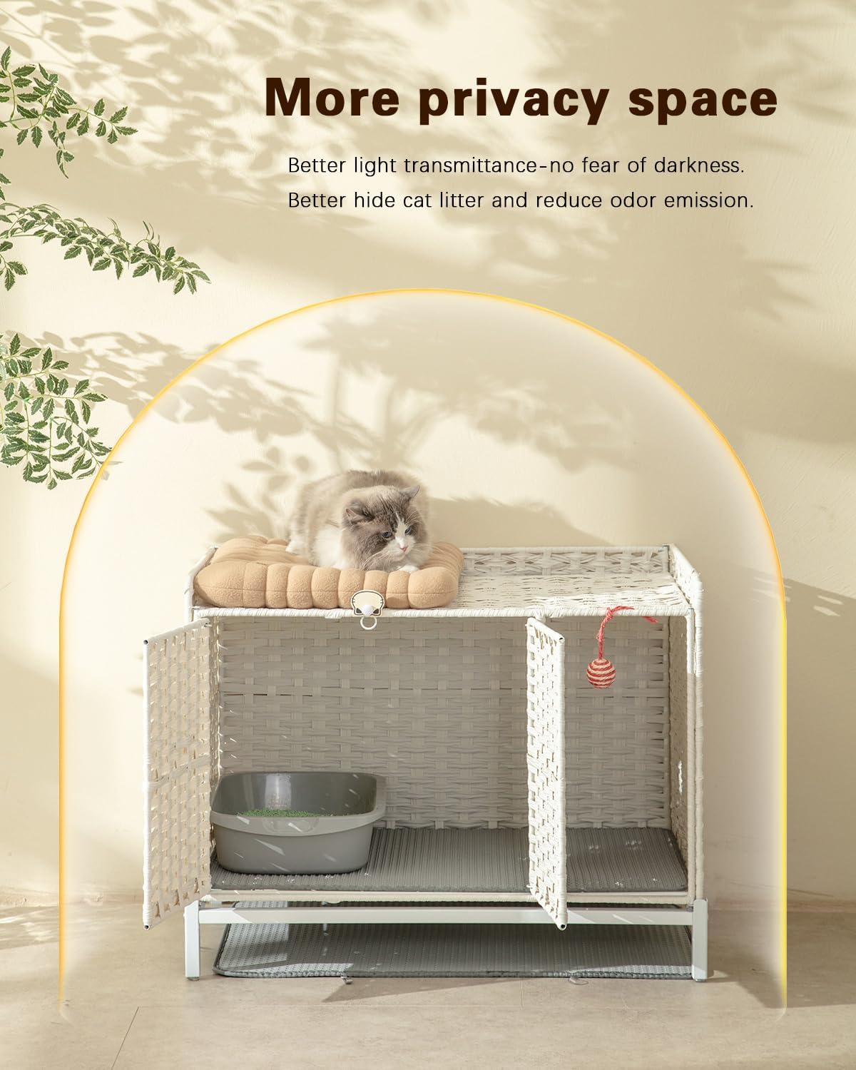 Cat Litter Box Enclosure, Cat Litter Box Enclosure Furniture with Cat Litter Mat, Handwoven Rattan Cat House with Metal Heightened Feet, 31.2×19.6×24.2 Inches Living Room, Bedroom（White）
