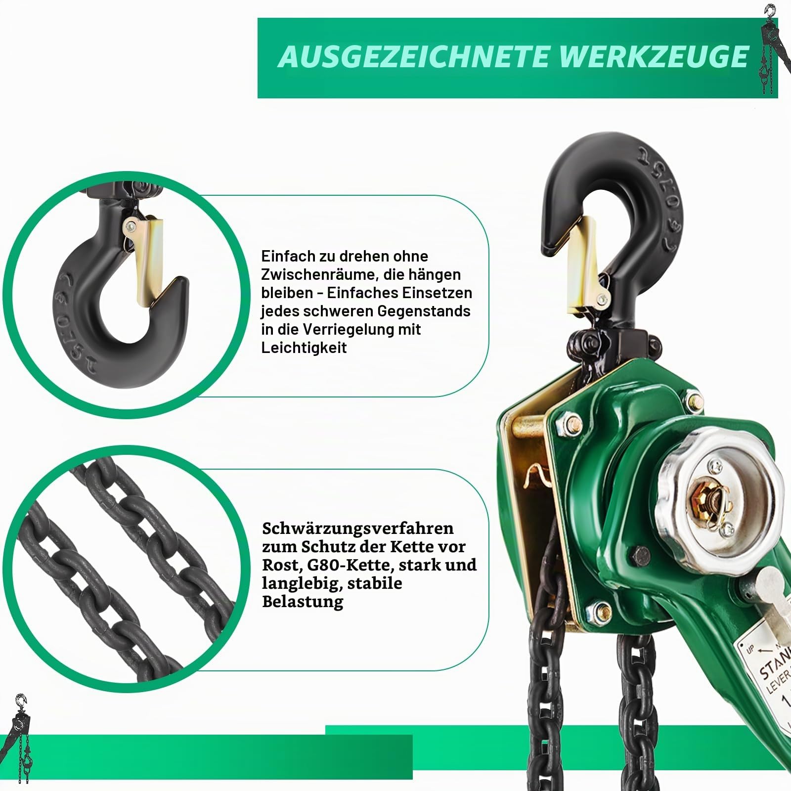 STANEW Hebelzug Kettenzug 1.5t, Hubhöhe bis 2,8m, Kette aus robustem Carbonstahl G80, mit 360° drehbarer Haken