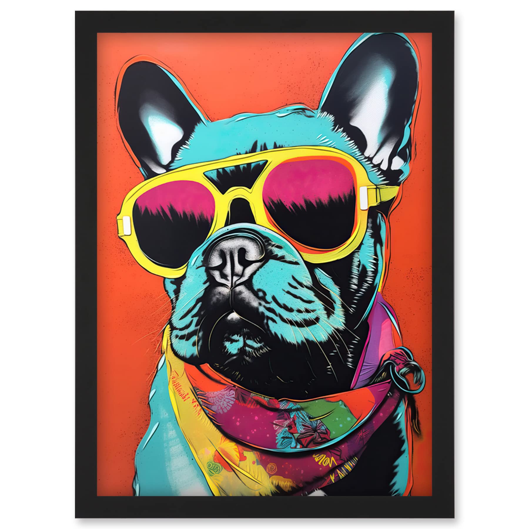 French Bulldog Wearing Sunglasses and Bandana Artwork - Framed Wall Art Print - A4 Size - Artery8