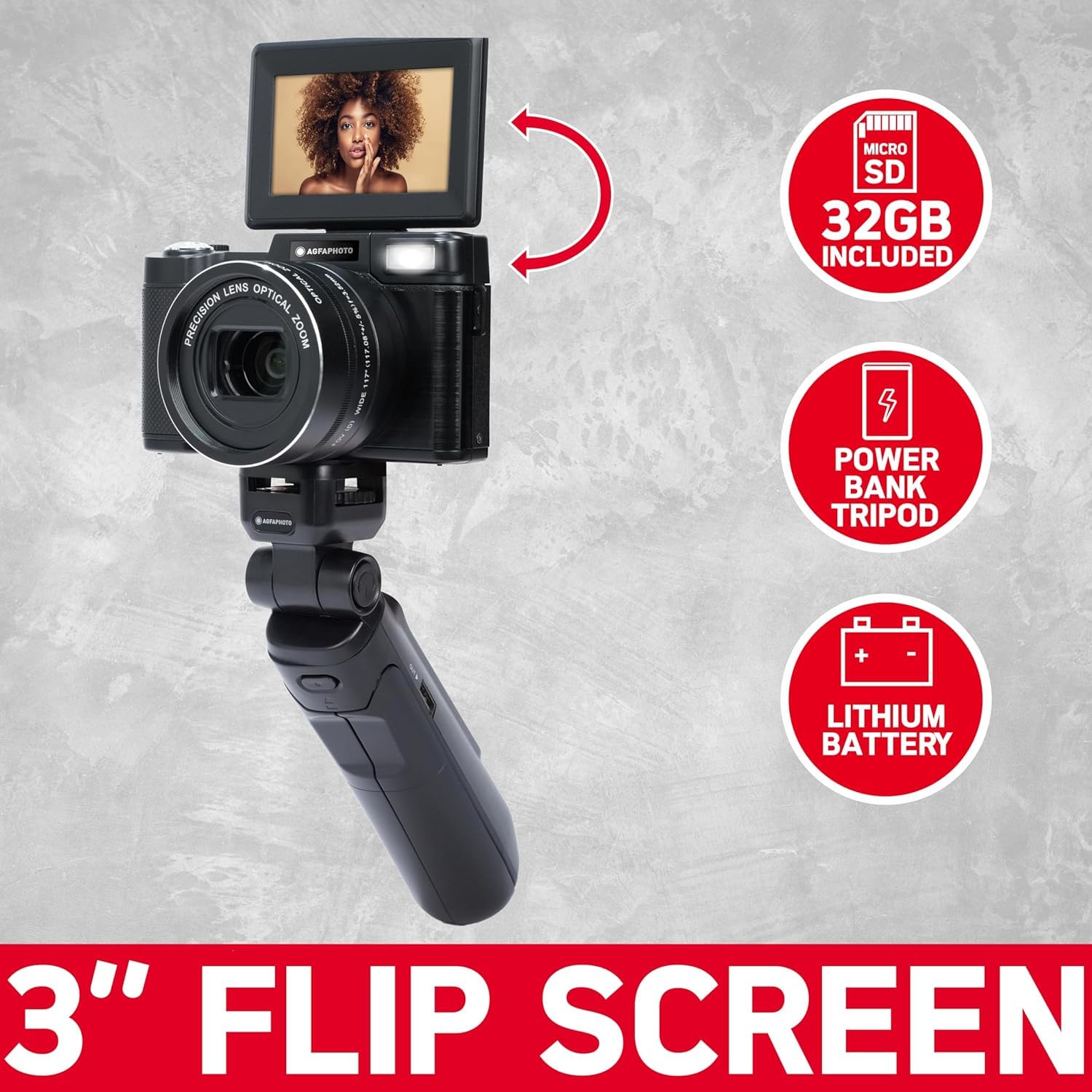 AgfaPhoto - Kit Vlogging tutto in uno: Fotocamera VLG-4K Optical, Treppiede Powerbank, Telecomando, Microfono e Scheda Micro-SD 32GB Inclusa - Immortalate con stile i vostri momenti in 4K! - Nero