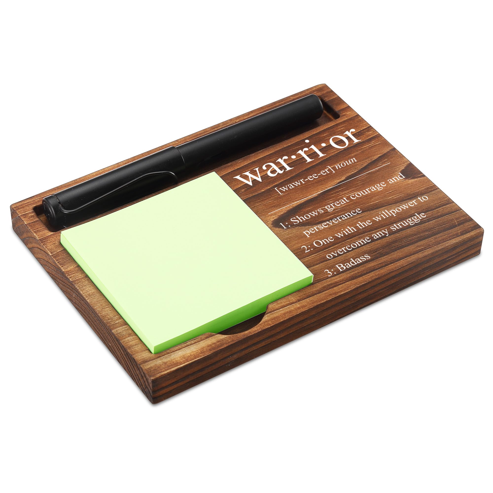 Warrior Sticky Note Holder Wooden Notepad & Pen Holder 6.5" x 4.7" Sticky Note Pad Holder Dispenser for Desk Warrior Definition Survivor Encouragement Motivational Gifts, NPA245