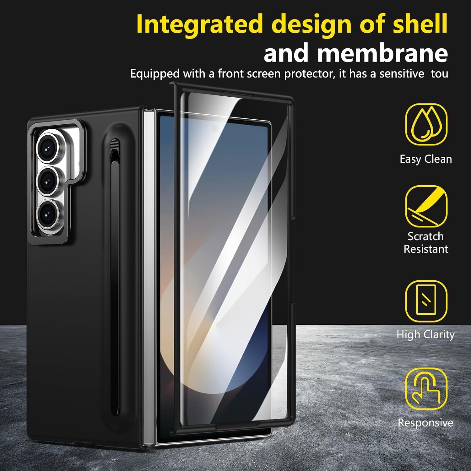 Smartphone Flip Cover Camera Stand Compatible with Samsung Galaxy Z Fold 7 Case with Built-in New Compact S Pen Slot, Case with Screen Protector Folding Series Protective Cover W/Regular Stylus(Black