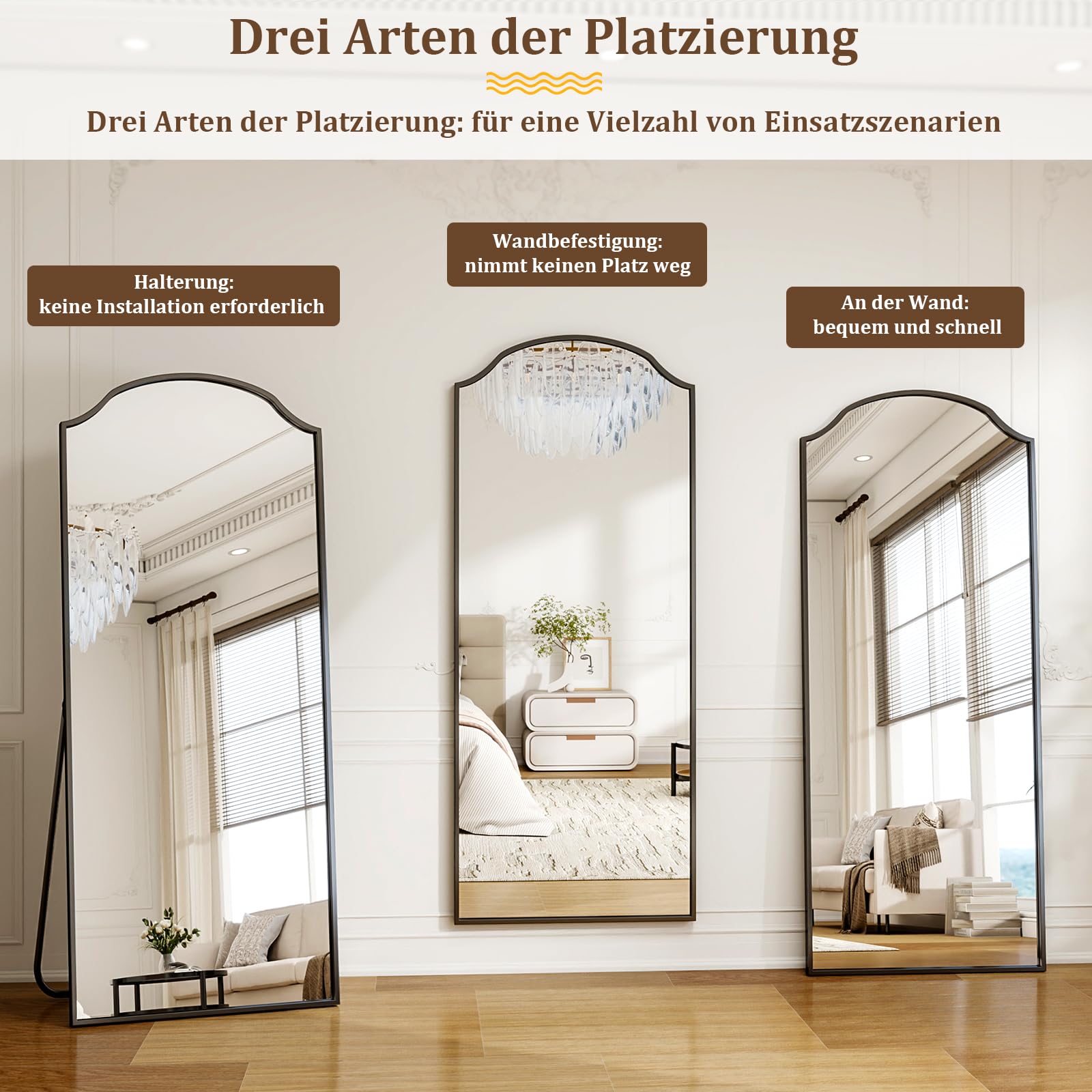 Koonmi 165 x 60 cm Ganzkörperspiegel - Einzigartiger gewölbter Oberkörper, für Garderobe, Schlafzimmer, hängend, stehend oder Sich anlehnen, schwarz