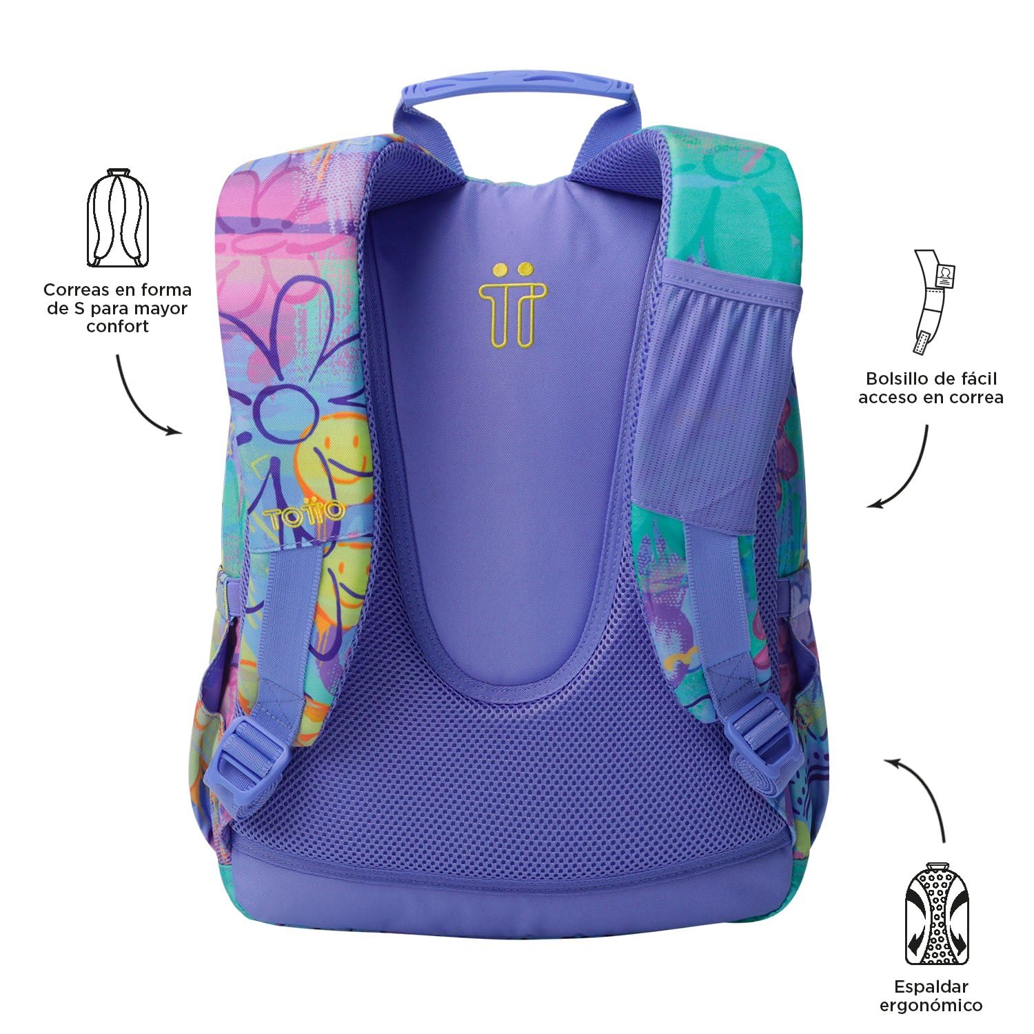 TOTTO - Mochila Escolar, Modelo Gommas, Mochila Mediana, Capacidad 15 L, Bolsillo para PC 14", Bolsillo Botella, Espaldar Ergonómico con Flujo de Aire, Cómodas Correas en S, Estampado Grafily