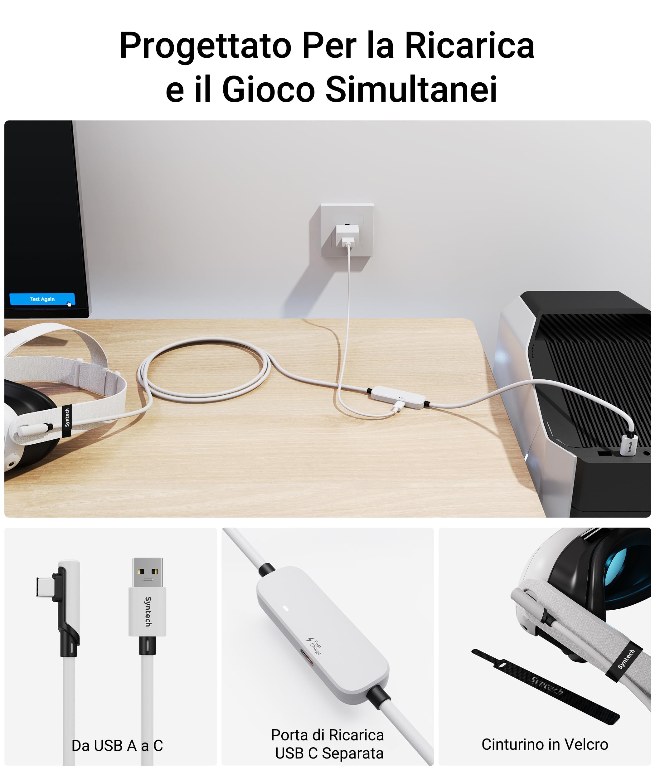 Syntech VR Cavo Link con Ricarica 5M Compatibile con Meta Quest 3S/Quest 3/Oculus Quest 2 Accessori, Cavo Link USB 3.0 con Porta di Ricarica Extra, per PC/SteamVR e Gameplay Esteso